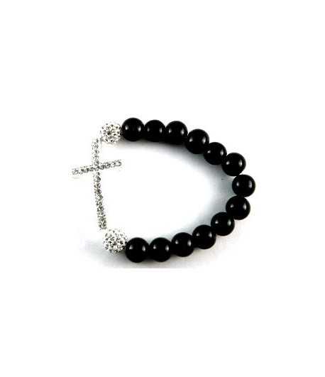 Curved Cross Stretch Bracelet w/Crystal Rhinestone Cross & Crystal Pave & Black Onyx Beads - SHRY-PV2