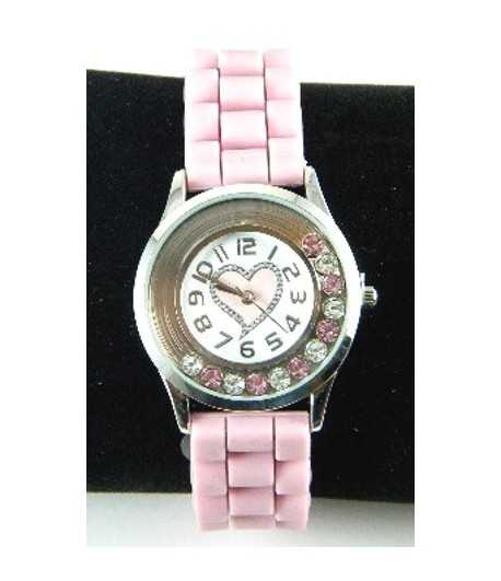 Pink Heart w/Rhinestone Silicon Strap Watch - 10508L