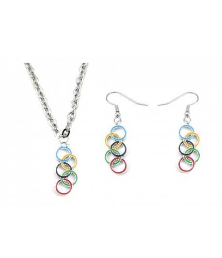 Colored Enameled olympic Charm Necklace and Earrings